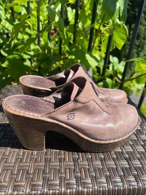 Born Brown Leather Slip-On Clog Heels